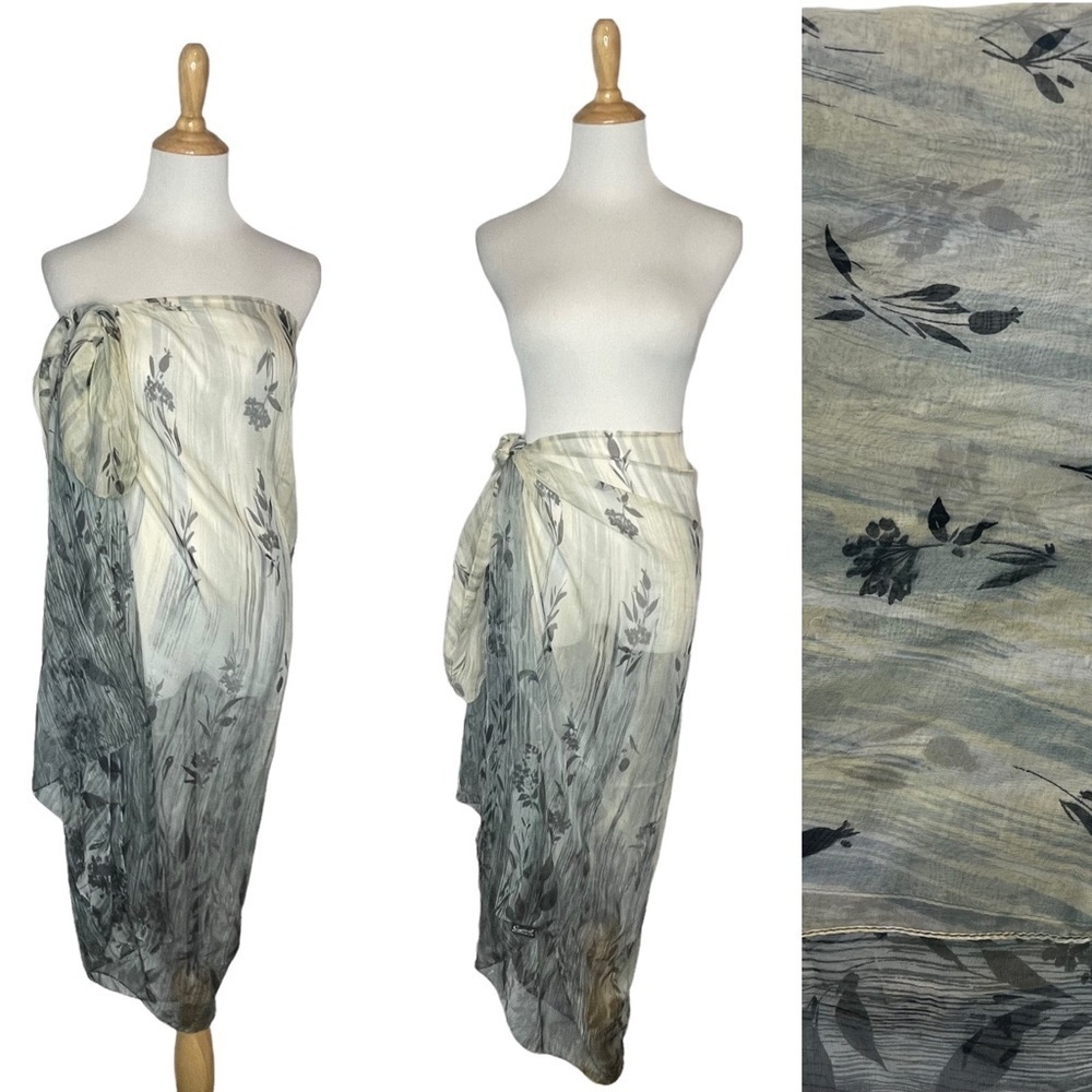 Sheer Floral Tie-Wrap Coverup blue, gray, white